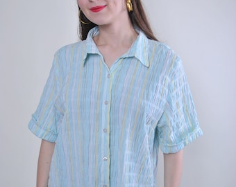 Women vintage blue striped short sleeve holiday blouse, Size L