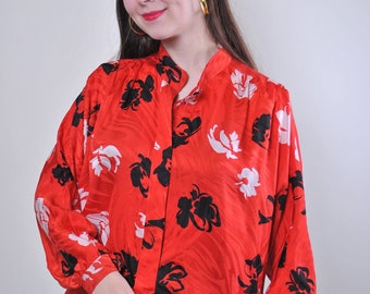 Flowers print women retro red long sleeve blouse, Size XL
