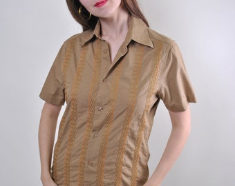 90s Woman striped shirt, vintage brown short sleeve casual top, Size S