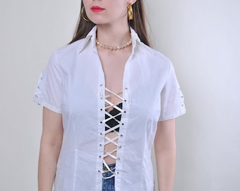 Women vintage white short sleeve lace blouse, Size XL