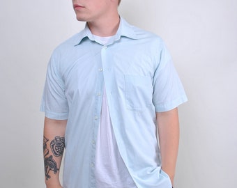 90s blue shirt for work with short sleeve, Size M