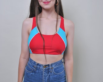 Vintage red sport top, 90s blue crop athletic tank top, Size M