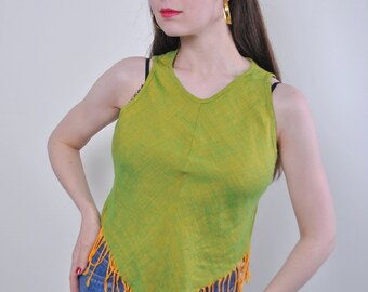 80s vintage green summer hippie festival tank top with lace, Size M