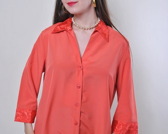 90s secretary blouse, vintage flowers retro shirt , orange floral collar button up blouse, Size L