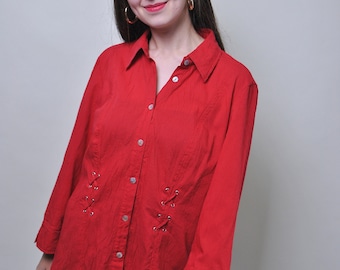 90s Vintage Red Blouse with Tie Detail - Size L
