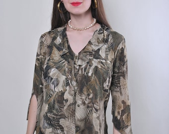 Top con volantes de los 90, blusa de verano vintage para mujer con estampado abstracto marrón y volantes, talla M.