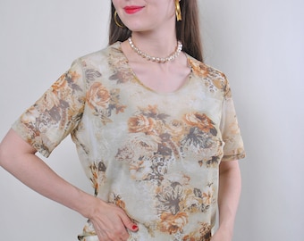 90s pullover flowers top, Woman vintage green floral short sleeve blouse, Size M