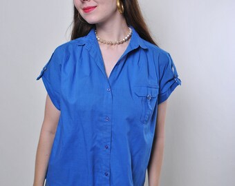 Vintage casual blue blouse with short sleeve, Size M