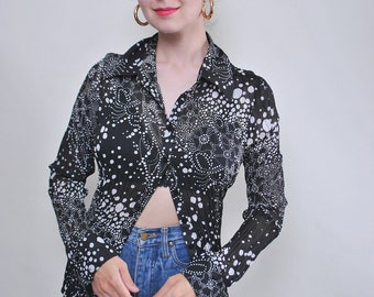 90s flowers print blouse in black, vintage button front  sheer blouse, Size S