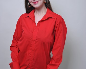 Vintage women blouse, 90s red button up shirt for work, Size M