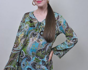 90s paisley print sheer blouse, vintage blue color floral boho blouse, Size M