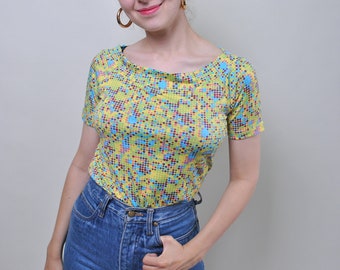 Vintage multicolor summer blouse with abstract print, 90s green pullover shirt, Size M