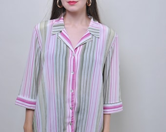 Blusa vintage a rayas multicolor, camisa formal de secretaria de los 90, talla L