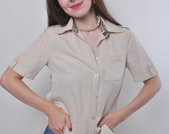 Vintage minimalist Formal beige blouse with short sleeve, Size M