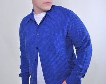 90s blue stripped button up shirt, Men vintage evening party shirt, Size M