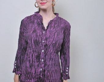 90s ruffled purple blouse, Vintage printed button up, retro party shirt, Size L