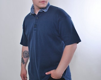 90s Vintage Denim Collar Polo Shirt - Plus Size Heavy Cotton XL