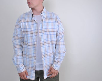 Blue plaid shirt, long sleeve button up, vintage checkered shirt, Size M