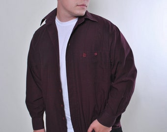 90s red button up, Vintage mens long sleeve casual shirt, Size L