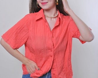 90s Vintage Orange Blouse: Minimalist Textured Short Sleeve, Size L