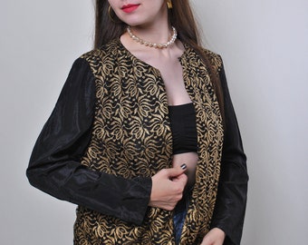 90s evening black blouse, vintage  gold floral pattern top, Size M