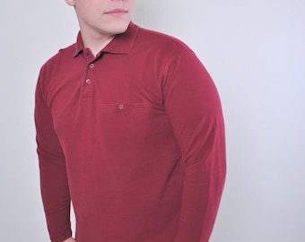 90s Vintage Red Cotton Polo Shirt - Long Sleeve Minimalist Jumper Size S