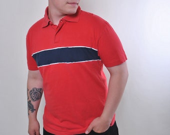 Vintage 90s Red Polo Shirt with Blue Stripe - Size M