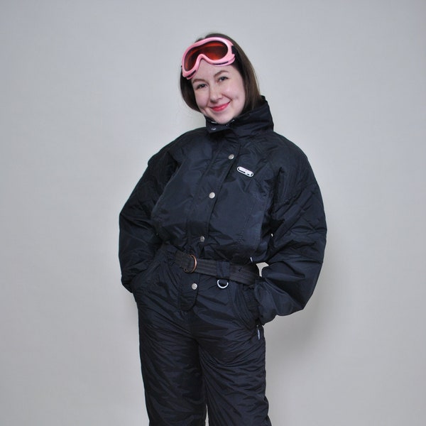 One piece ski suit, vintage 90s blue snowsuit, woman winter ski jumpsuit, Size M