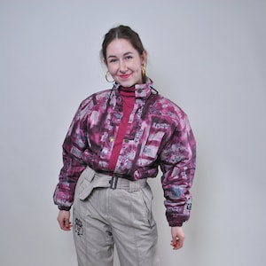 90s one piece ski suit, vintage  pink snowsuit, multicolor ski jumpsuit, Size L