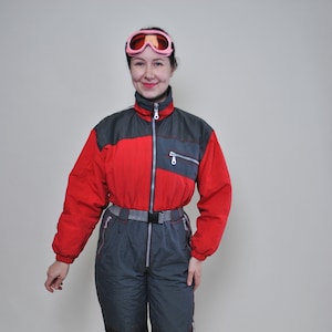 90s one piece ski suit, vintage red snowsuit, retro winter ski jumpsuit, Size S