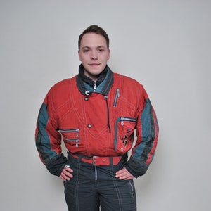 90s Vintage One Piece Ski Suit: Retro Red & Gray Snowsuit (L)