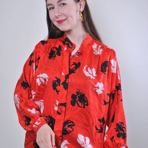 80s Red Floral Blouse Vintage Black White Abstract Print Satin Batwing Sleeve Size XL