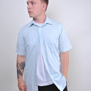 90s minimalist summer shirt in blue, vintage short sleeve button up shirt for work, Size M