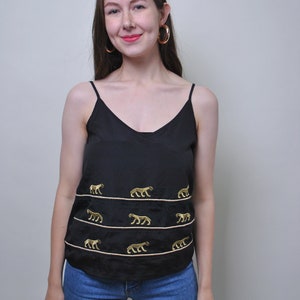 Vintage women top, 90s leopard embroidery black tank top, Size M