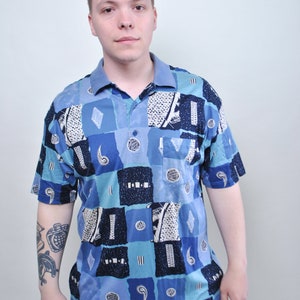 Abstract print polo, 80s retro polo shirt, vintage 1980s mens blue multicolor patterned rave festival polo shirt large, Size XL