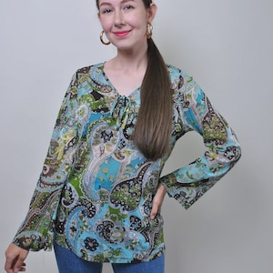 90s paisley print sheer blouse, vintage blue color floral boho blouse, Size M