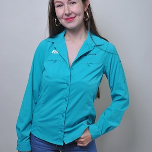 Camisa de senderismo vintage de los 90: Top deportivo Gorpcore azul vibrante, talla XS