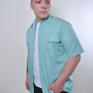90s summer work wear button up, Vintage green military short sleeve shirt, Size M