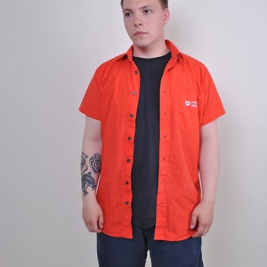 80s red work wear shirt, vintage short sleeve heritage button up shirt, Size M