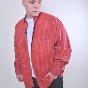 90s plaid print button down shirt in red, vintage plus size checkered button up shirt, Size XL