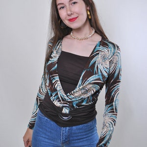 y2k abstract print blouse in brown, vintage 2000s pullover crop blouse, Size S