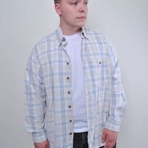 90s Minimalist plaid shirt, vintage long sleeve heavy cotton button up, Size L
