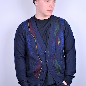 80s retro colourful cardigan sweater, vintage multicolor abstract button cardigan, Size M