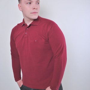 90s Vintage Red Cotton Polo Shirt - Long Sleeve Minimalist Jumper Size S
