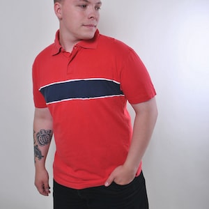 90s athletic polo shirt in red, vintage sport wear polo shirt with blue stripe, Size M