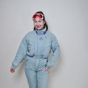90s one piece ski suit, vintage woman snowsuit, blue winter jumpsuit, Size M