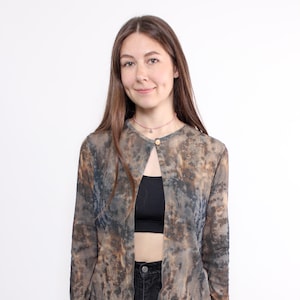 90s Brown Tie Dye Blouse: Vintage Keyhole Long Sleeve Top, Size S