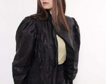 Vintage leather blazer, 80s woman black leather jacket, Size M