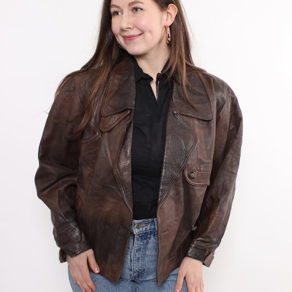 80s leather blazer, women grunge jacket MEDIUM size retro brown biker fall overcoat, Size S