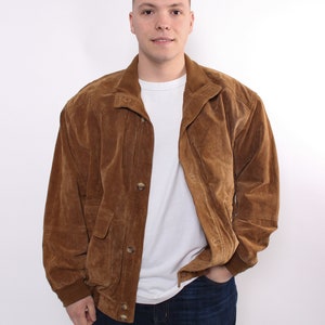 bombardier en cuir vintage des années 90, veste en daim, veste en cuir marron, taille XL